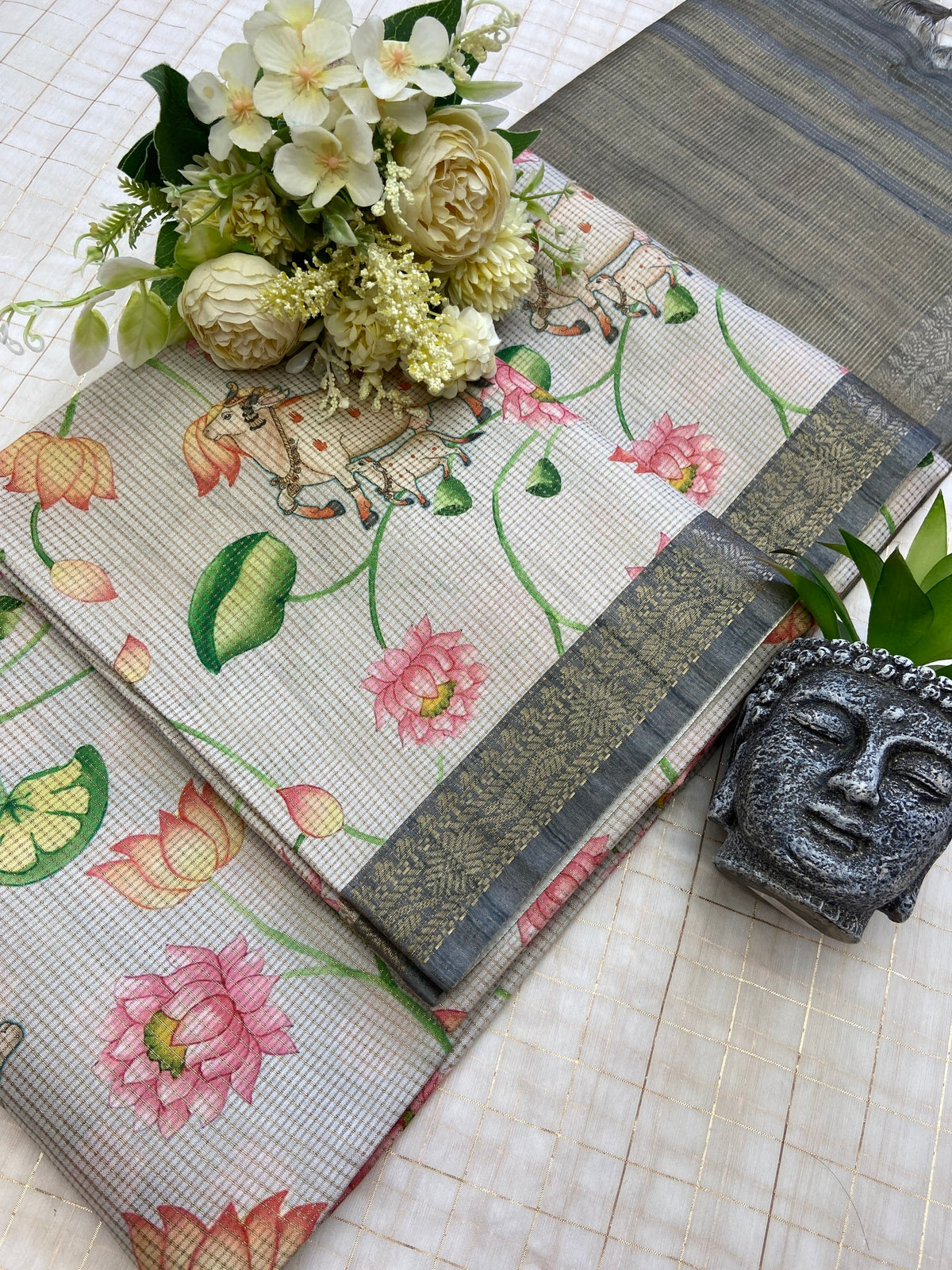 Grey Tussar Silk Lotus Print Saree