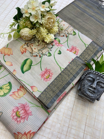 Grey Tussar Silk Lotus Print Saree