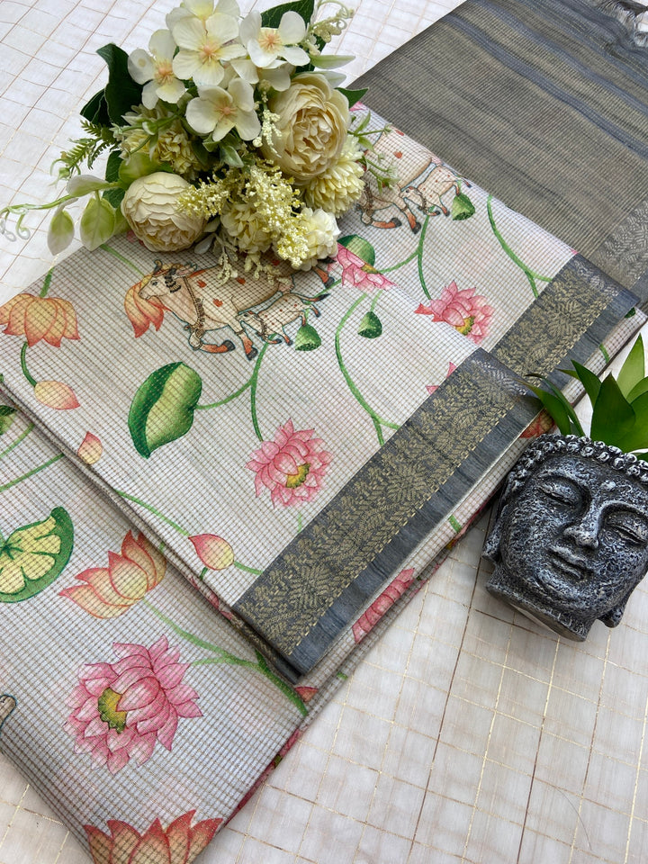 Grey Tussar Silk Lotus Print Saree