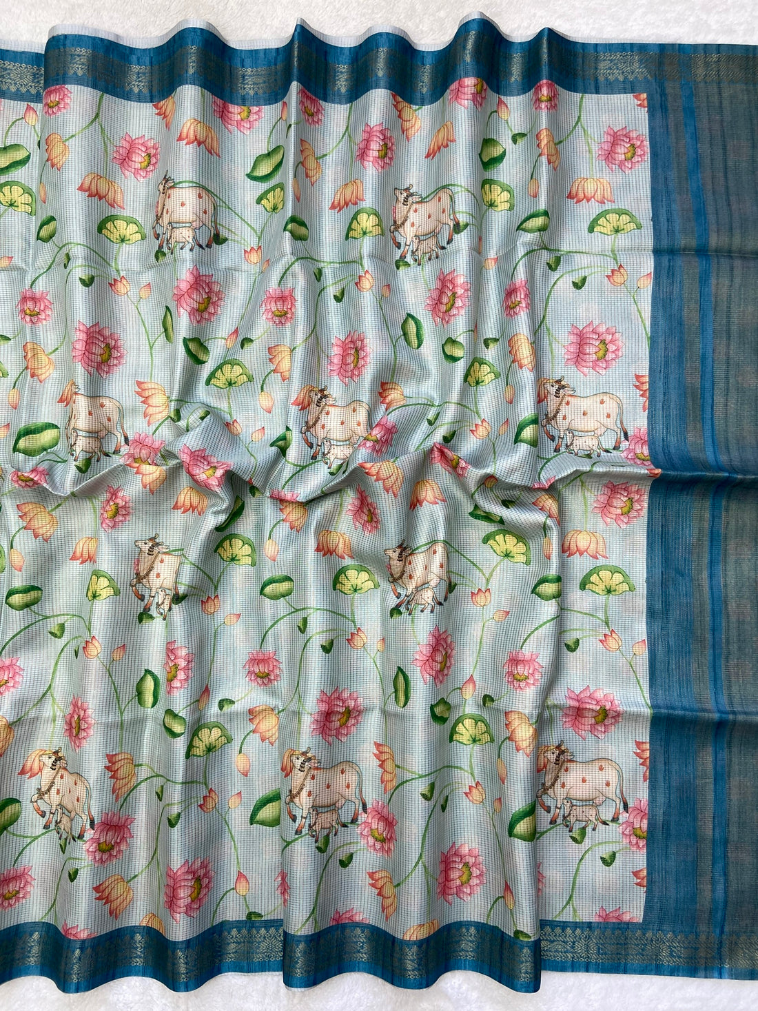 Blue Tussar Silk Lotus Print Saree