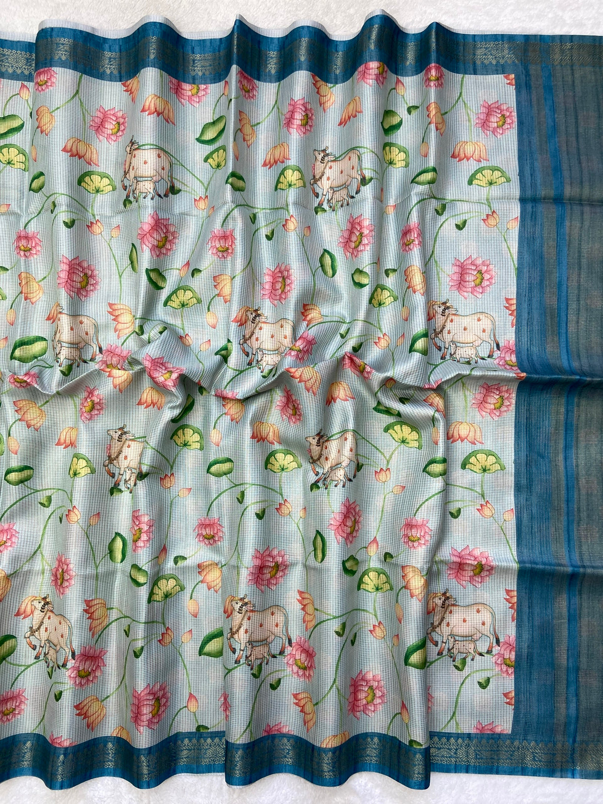 Blue Tussar Silk Lotus Print Saree, view 2