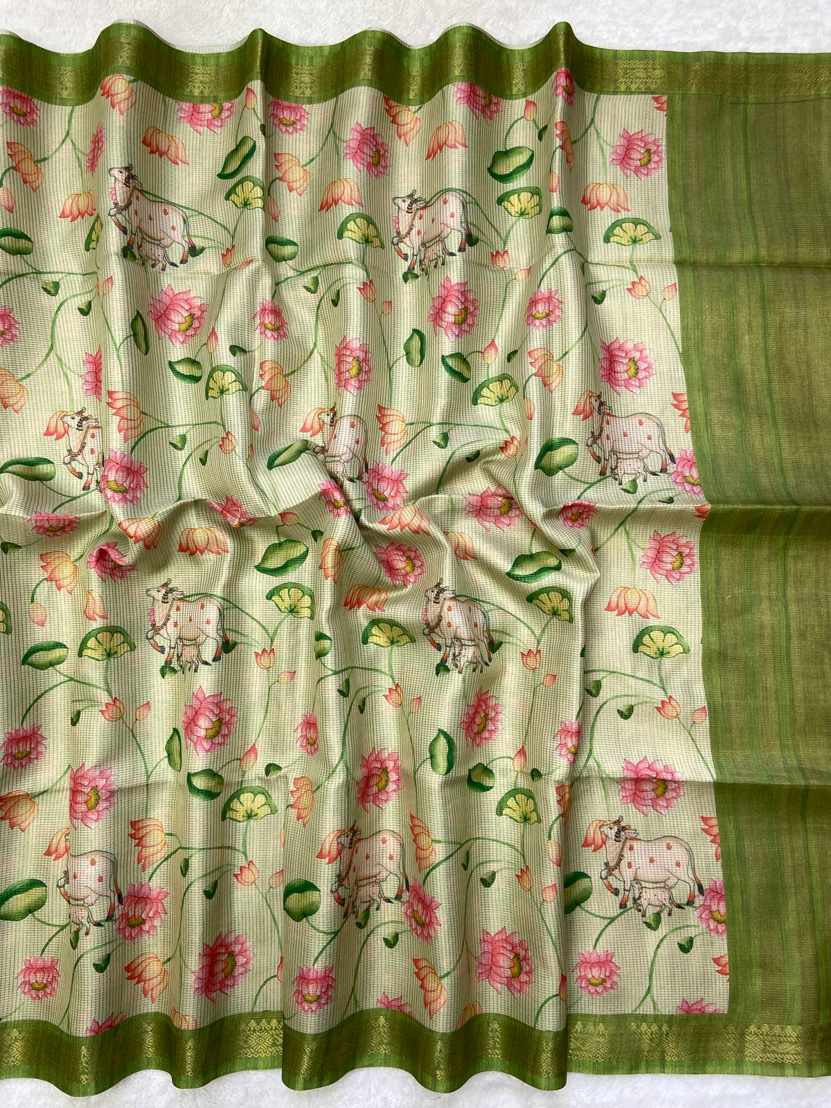 Olive Tussar Silk Lotus Print Saree, view 2