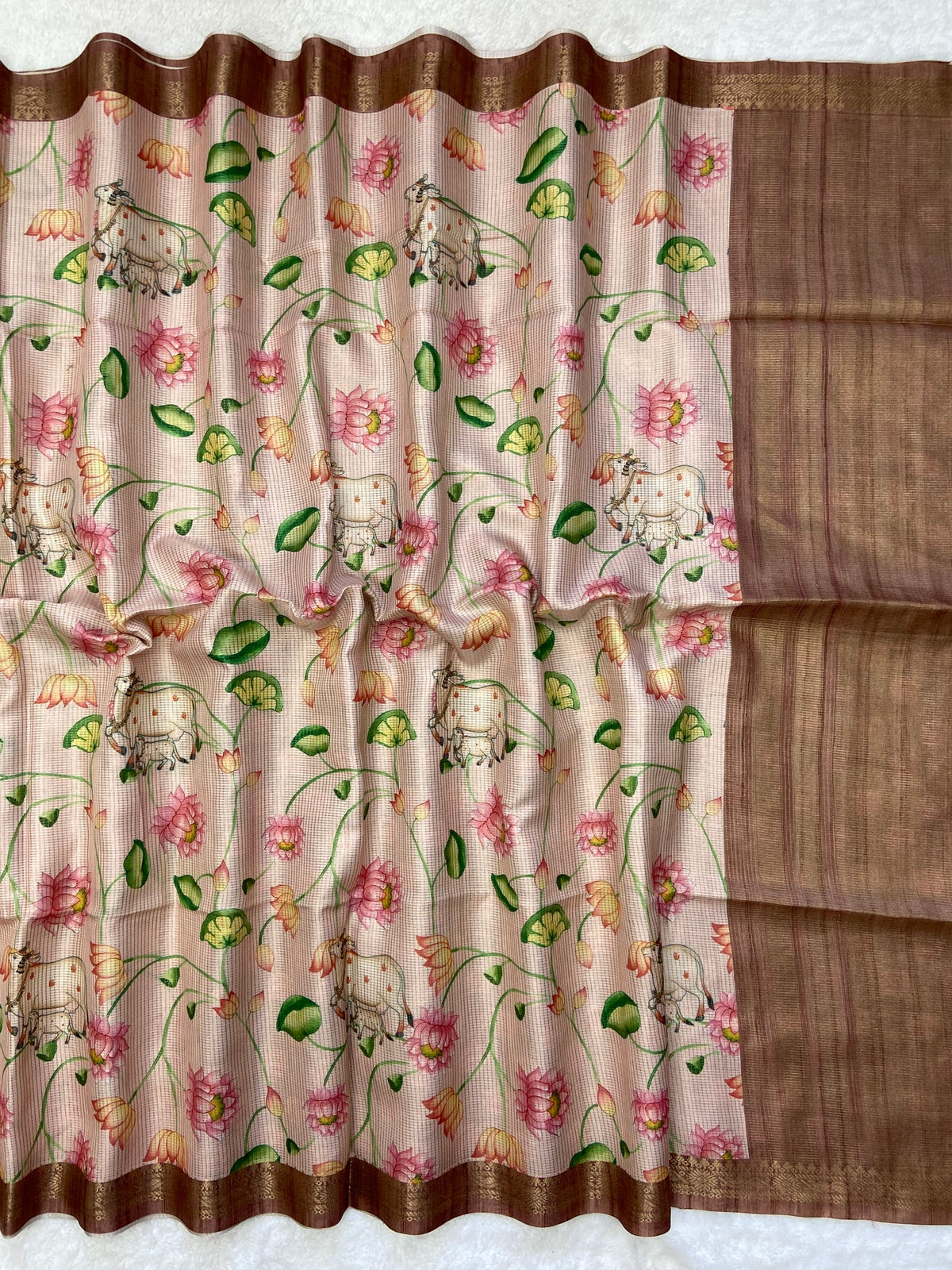 Brown Tussar Silk Lotus Print Saree, view 2