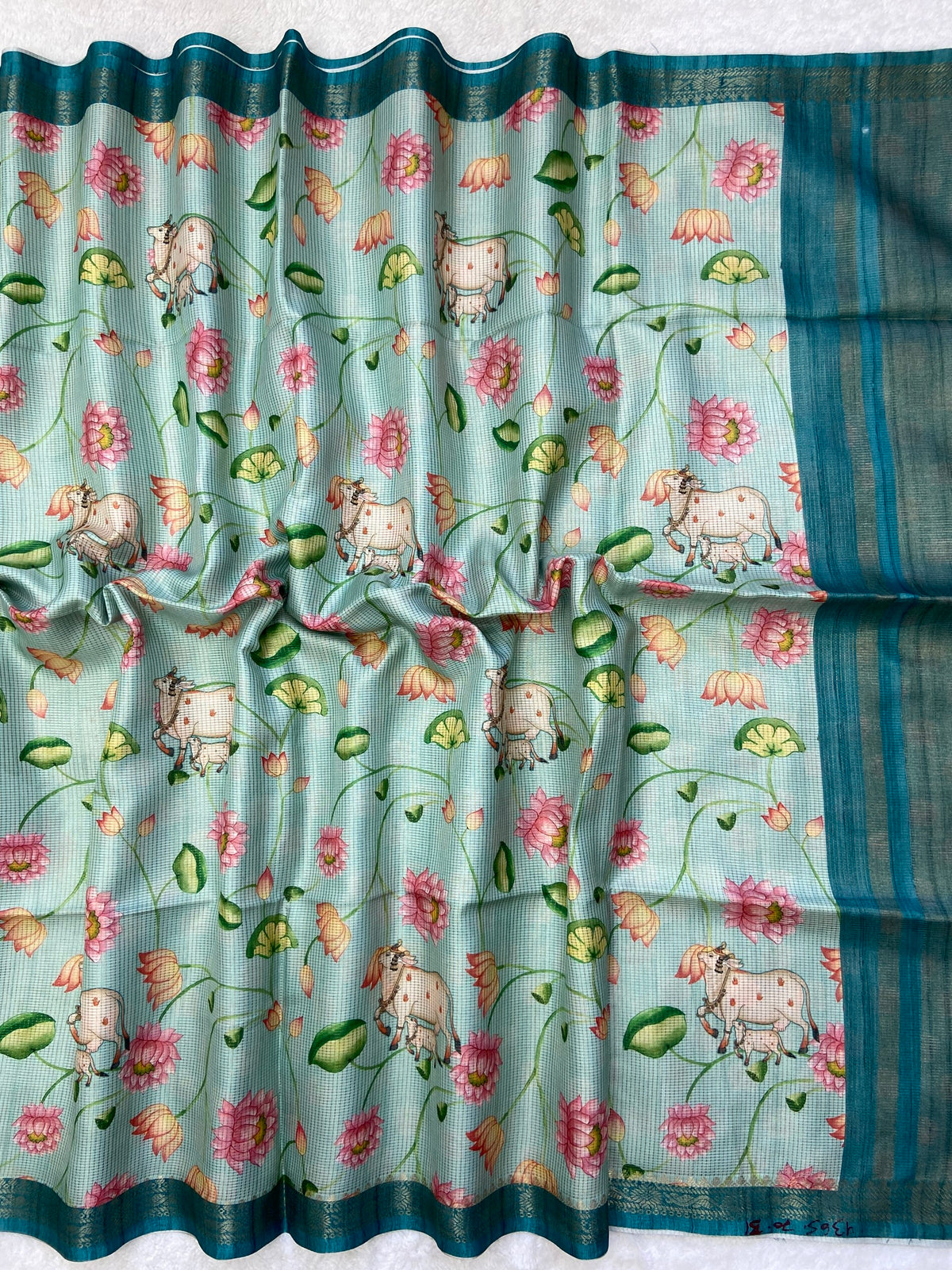Teal Tussar Silk Lotus Print Saree, view 2
