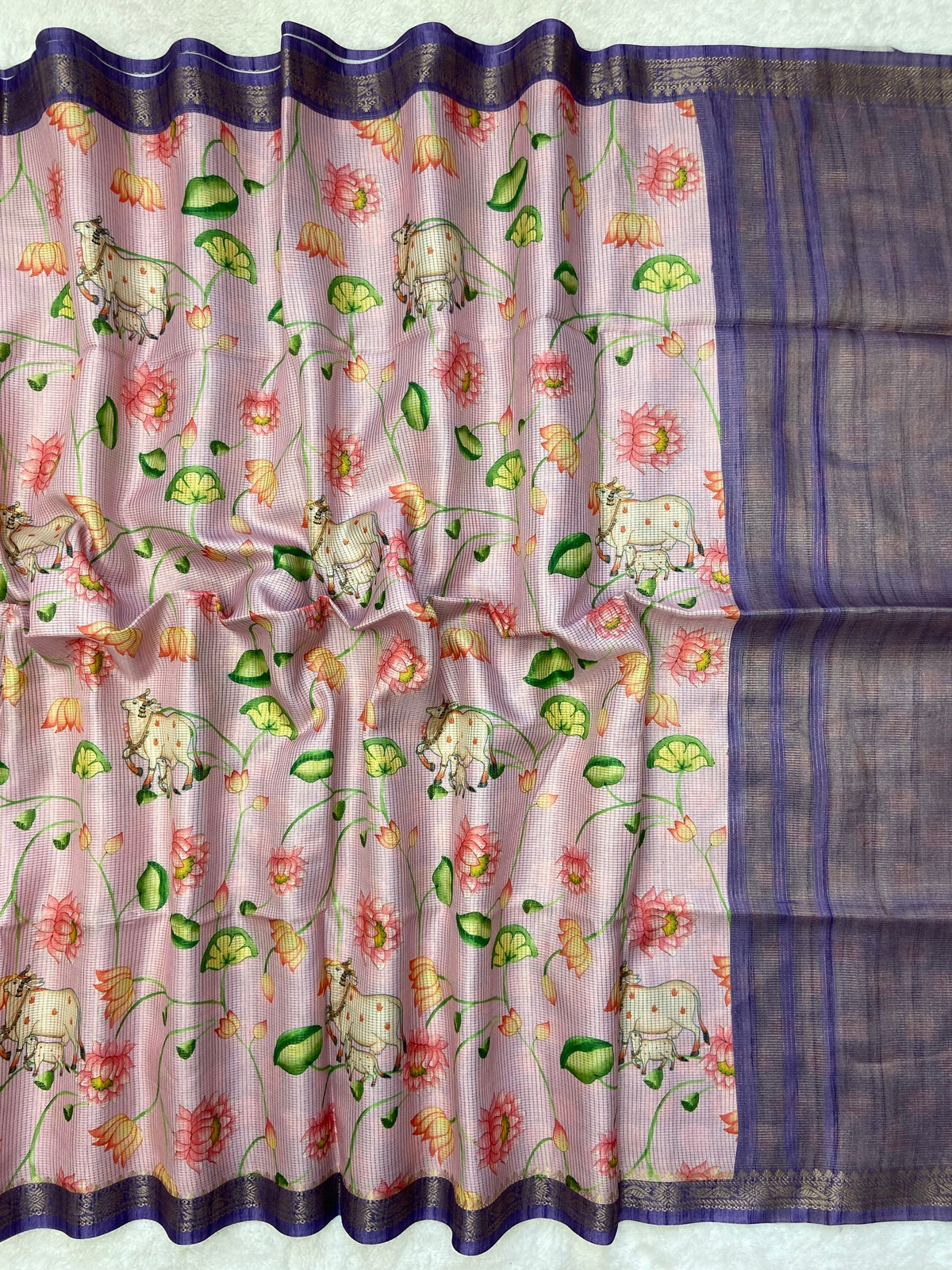 Lavender Tussar Silk Lotus Print Saree, view 2