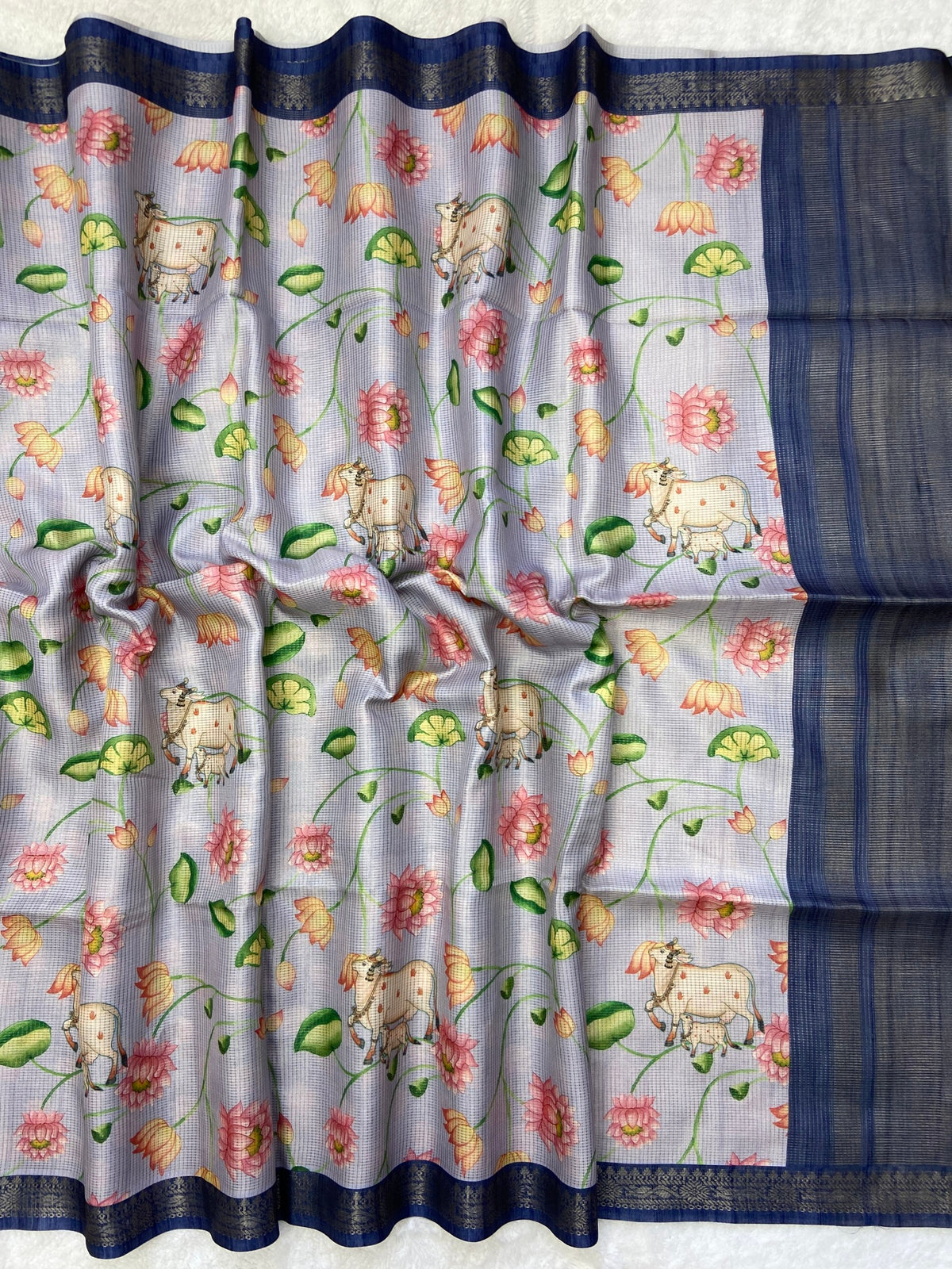 Navy Blue Tussar Silk Lotus Print Saree, view 2