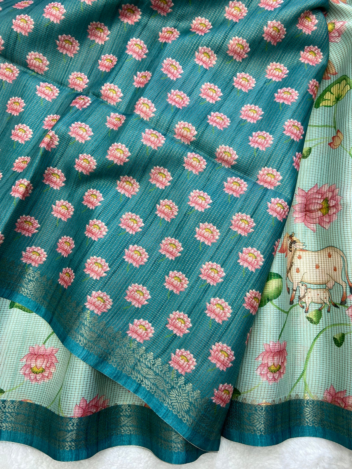 Teal Tussar Silk Lotus Print Saree, view 3