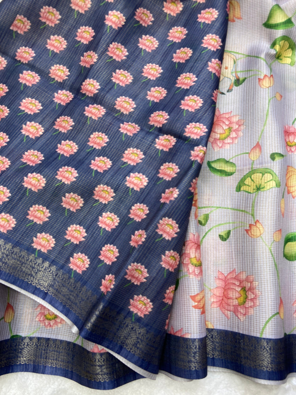 Navy Blue Tussar Silk Lotus Print Saree, view 3