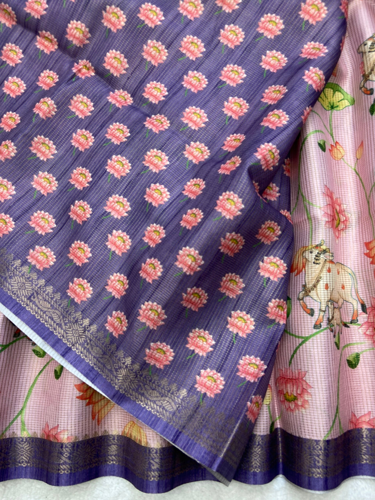 Lavender Tussar Silk Lotus Print Saree, view 3