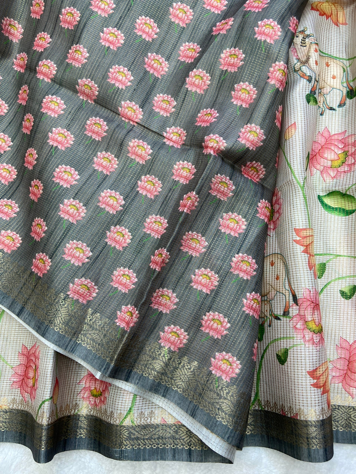 Grey Tussar Silk Lotus Print Saree, view 3