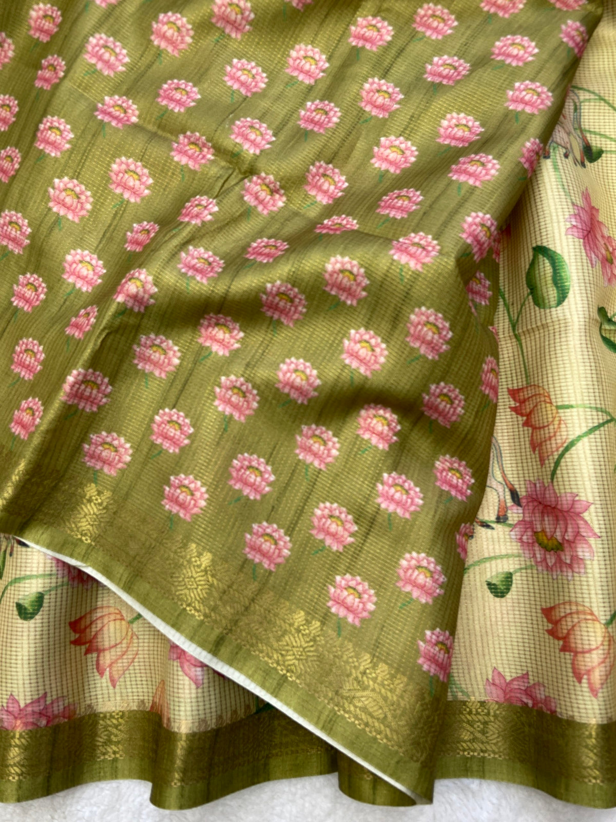 Olive Tussar Silk Lotus Print Saree, view 3