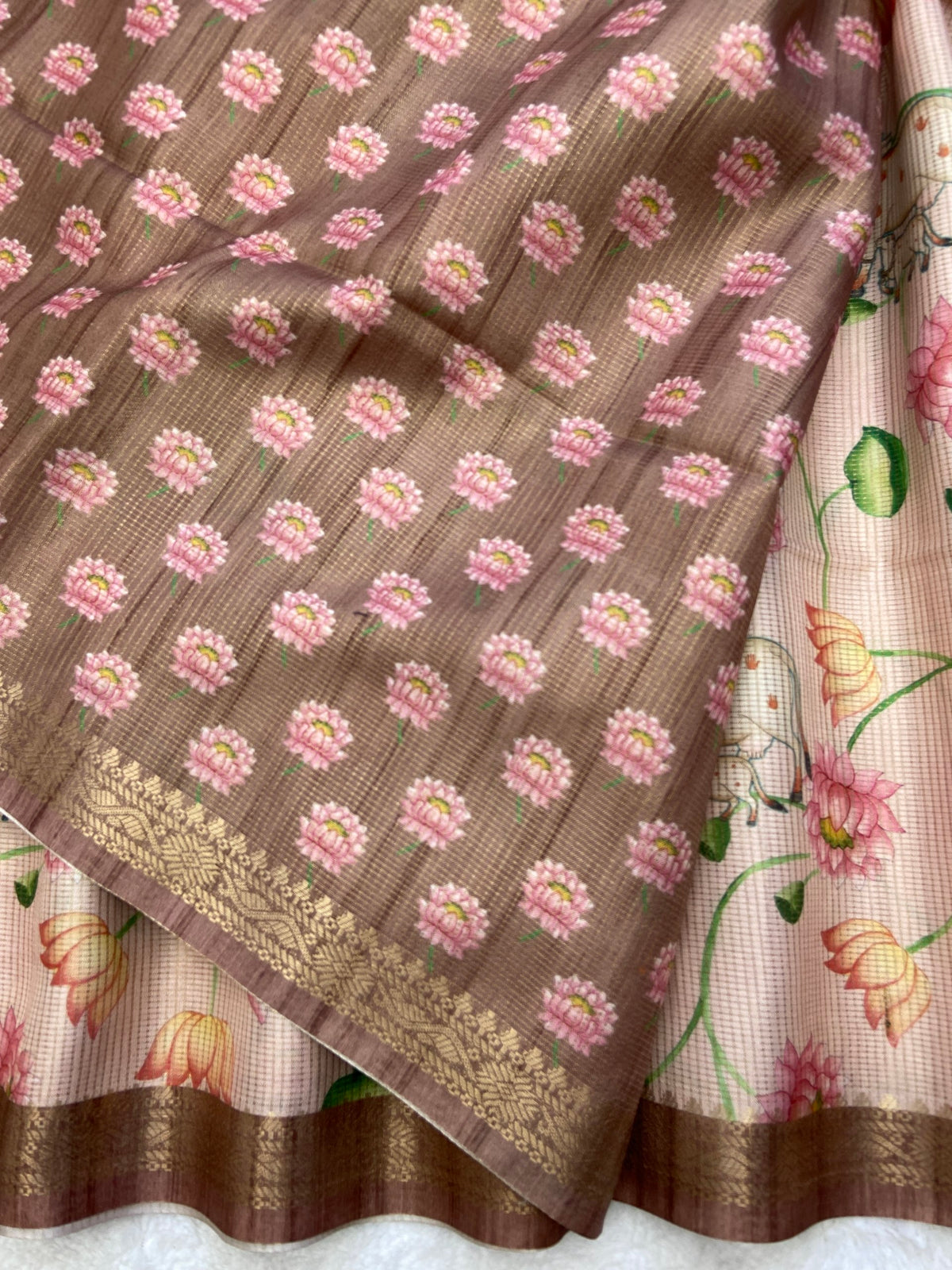 Brown Tussar Silk Lotus Print Saree, view 3