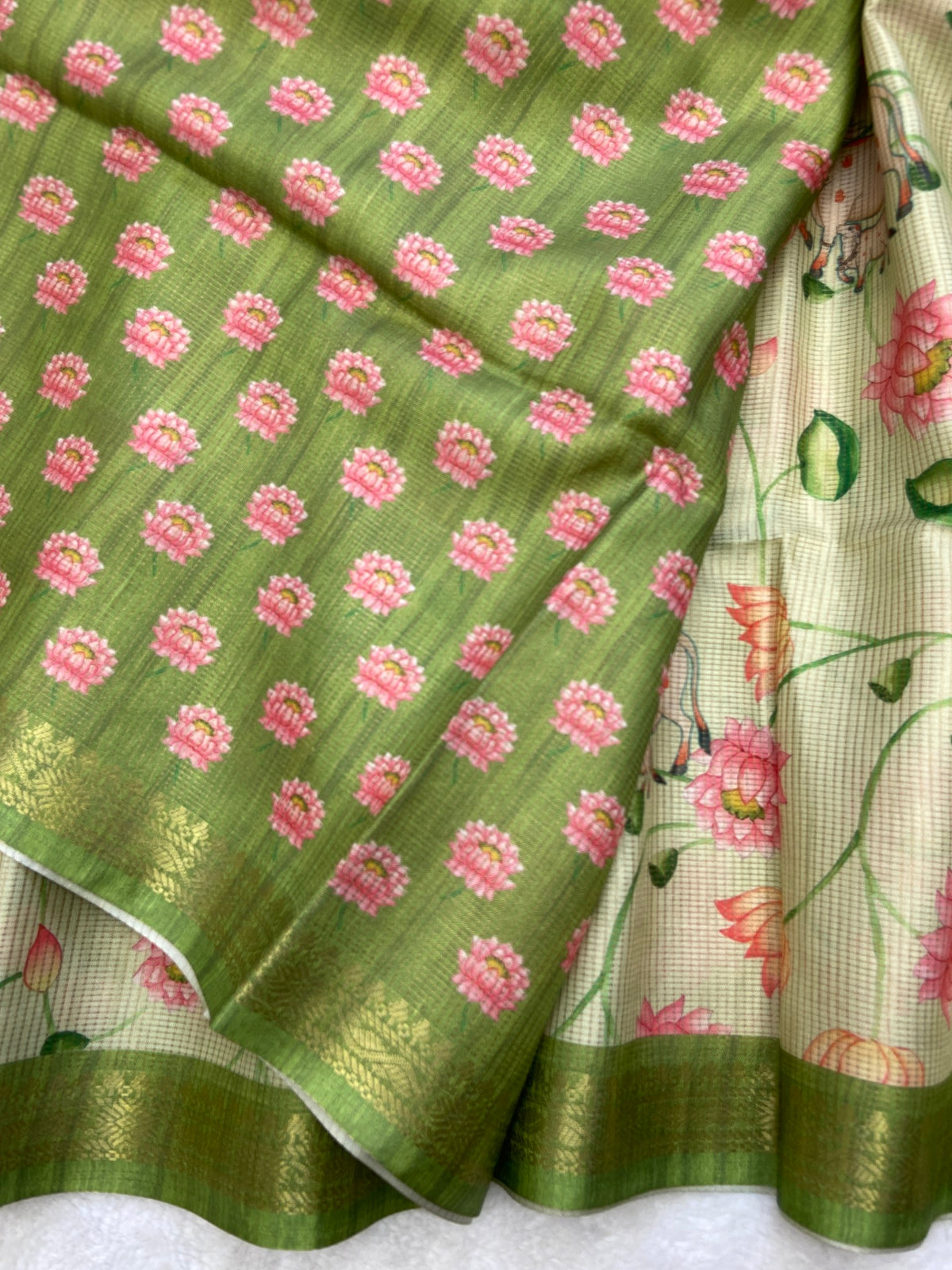 Green Tussar Silk Lotus Print Saree, view 3