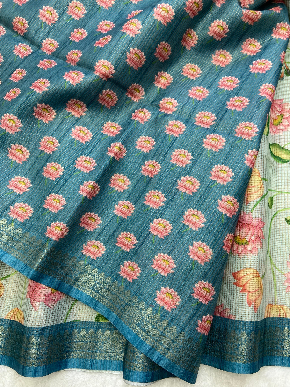 Blue Tussar Silk Lotus Print Saree, view 3