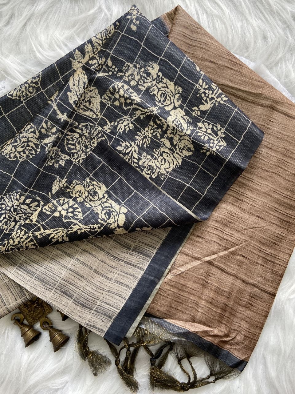 Charcoal Navy Tussar Silk Digital Print Saree