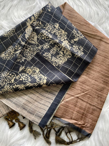Charcoal Navy Tussar Silk Digital Print Saree