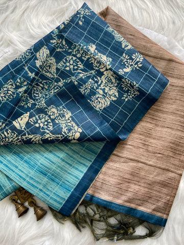 Teal Blue Tussar Silk Digital Print Saree