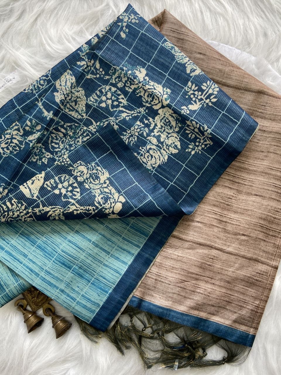 Teal Blue Tussar Silk Digital Print Saree