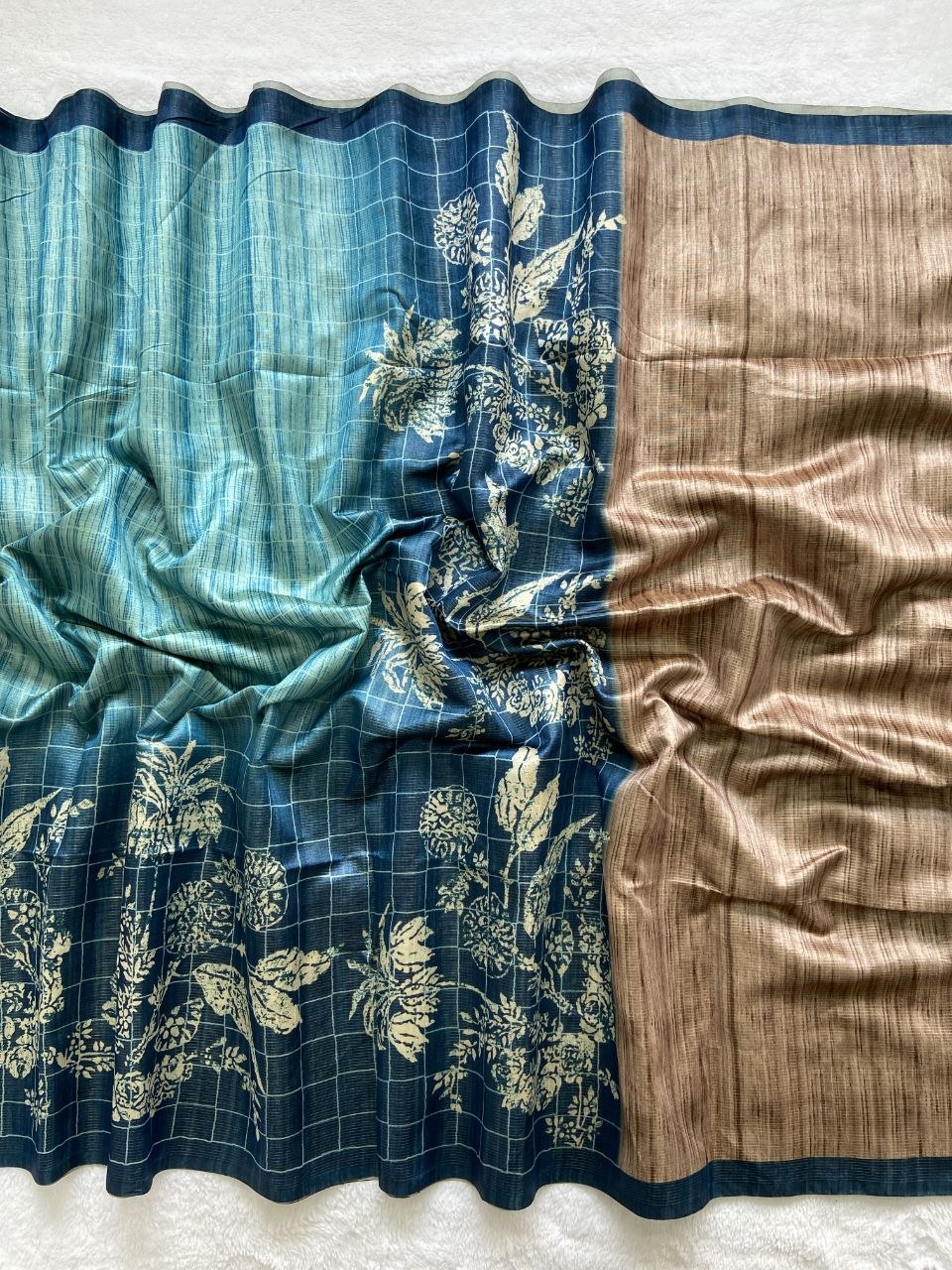 Teal Blue Tussar Silk Digital Print Saree, view 2