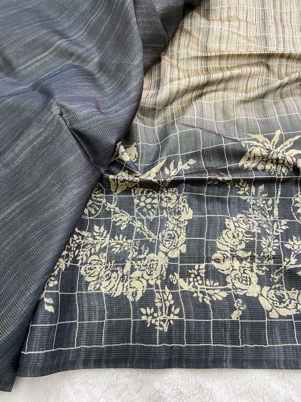 Charcoal Navy Tussar Silk Digital Print Saree, view 3