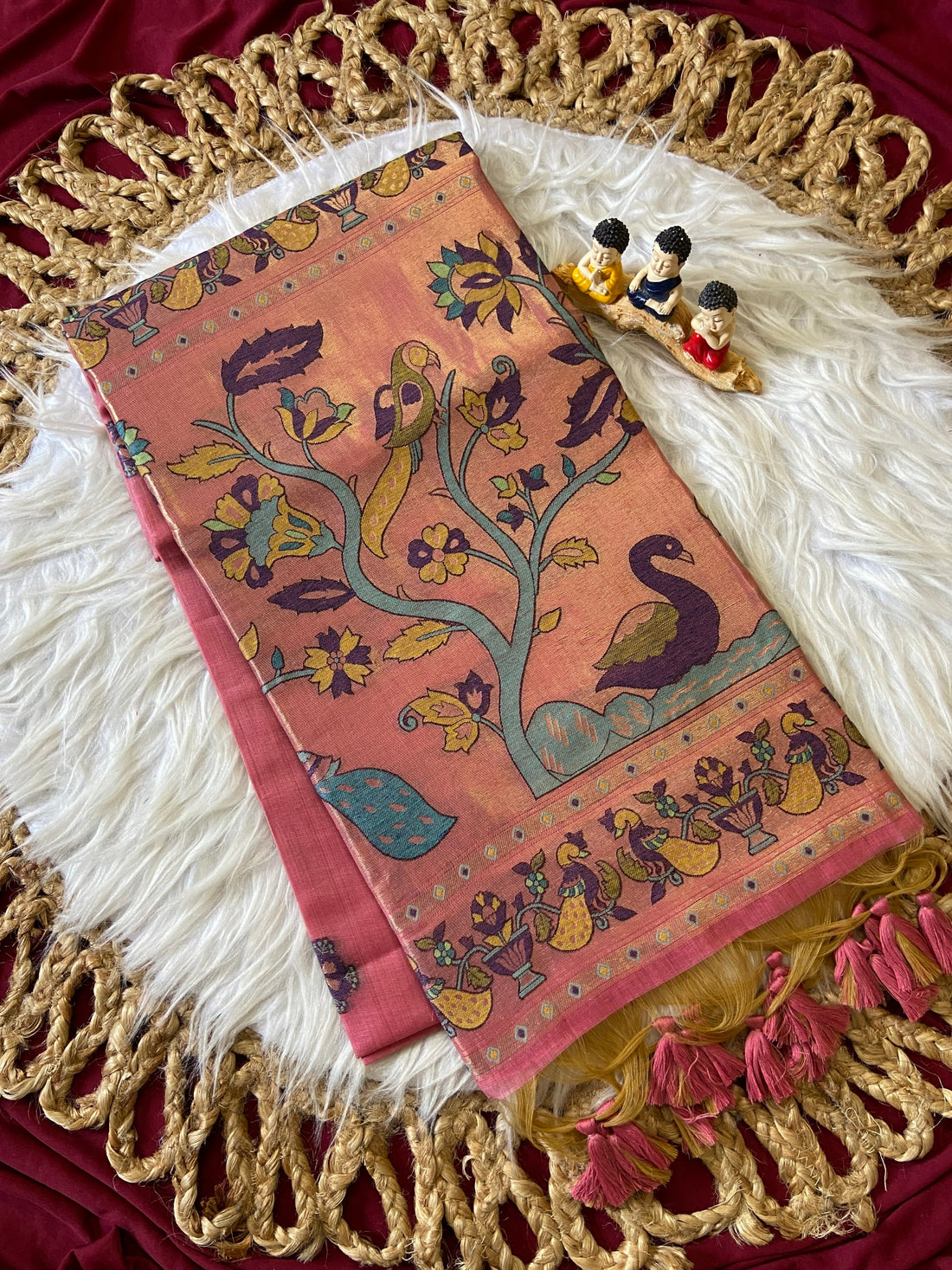 Rose Pink Muga Cotton Paithani Swan Pallu Saree