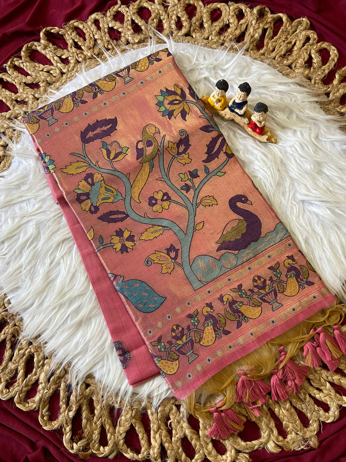 Rose Pink Muga Cotton Paithani Swan Pallu Saree