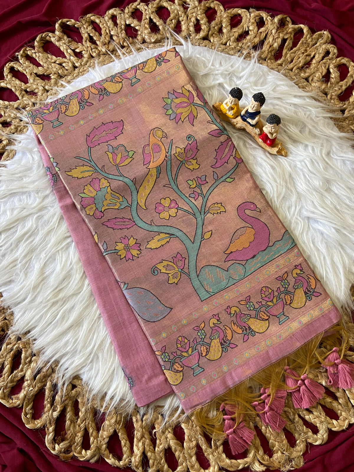 Baby Pink Muga Cotton Paithani Swan Pallu Saree