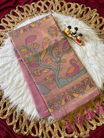 Baby Pink Muga Cotton Paithani Swan Pallu Saree