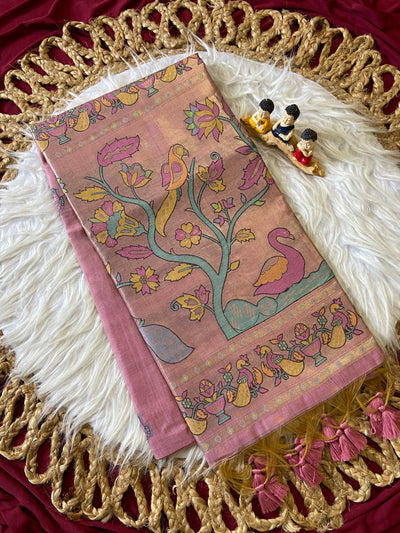 Baby Pink Muga Cotton Paithani Swan Pallu Saree