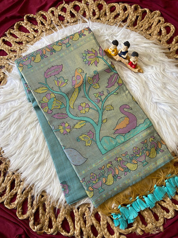 Sky Blue Muga Cotton Paithani Swan Pallu Saree