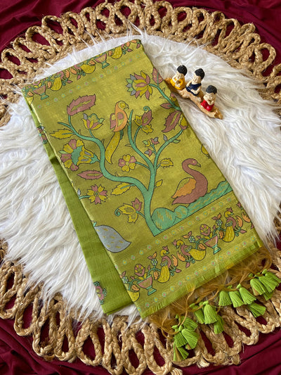 Parrot Green Muga Cotton Paithani Swan Pallu Saree