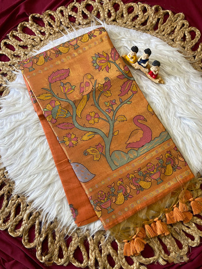 Orange Muga Cotton Paithani Swan Pallu Saree