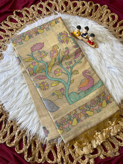 Beige Muga Cotton Paithani Swan Pallu Saree