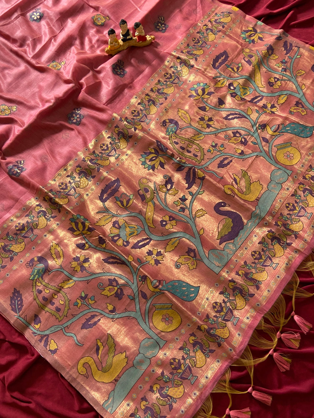 Rose Pink Muga Cotton Paithani Swan Pallu Saree