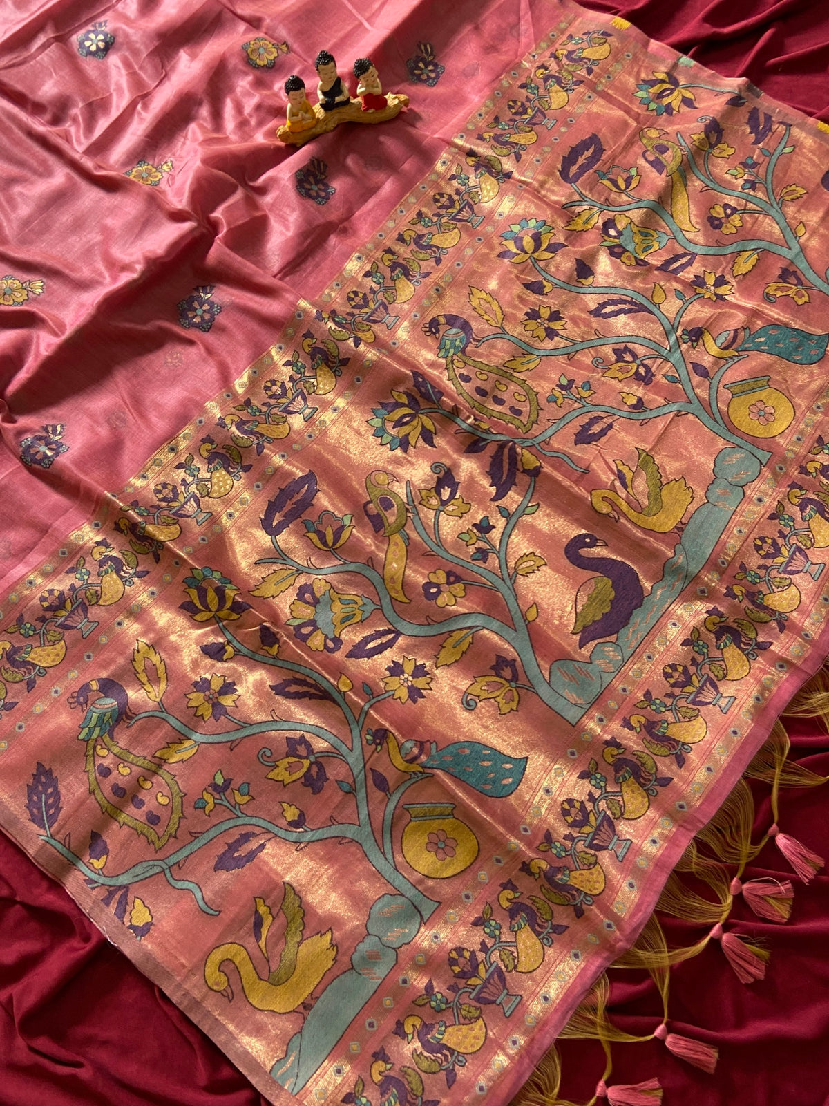 Rose Pink Muga Cotton Paithani Swan Pallu Saree, view 2