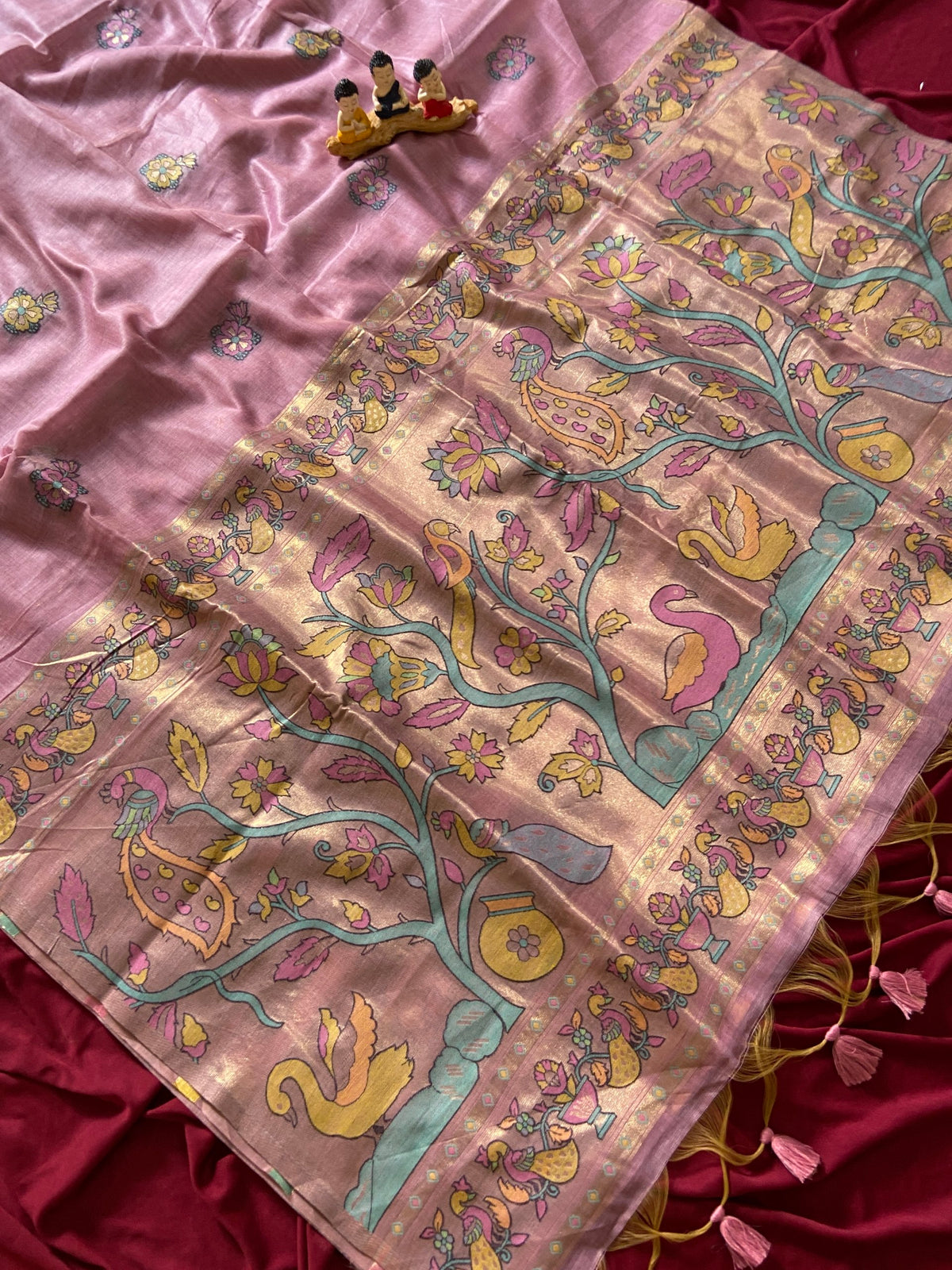 Baby Pink Muga Cotton Paithani Swan Pallu Saree, view 2