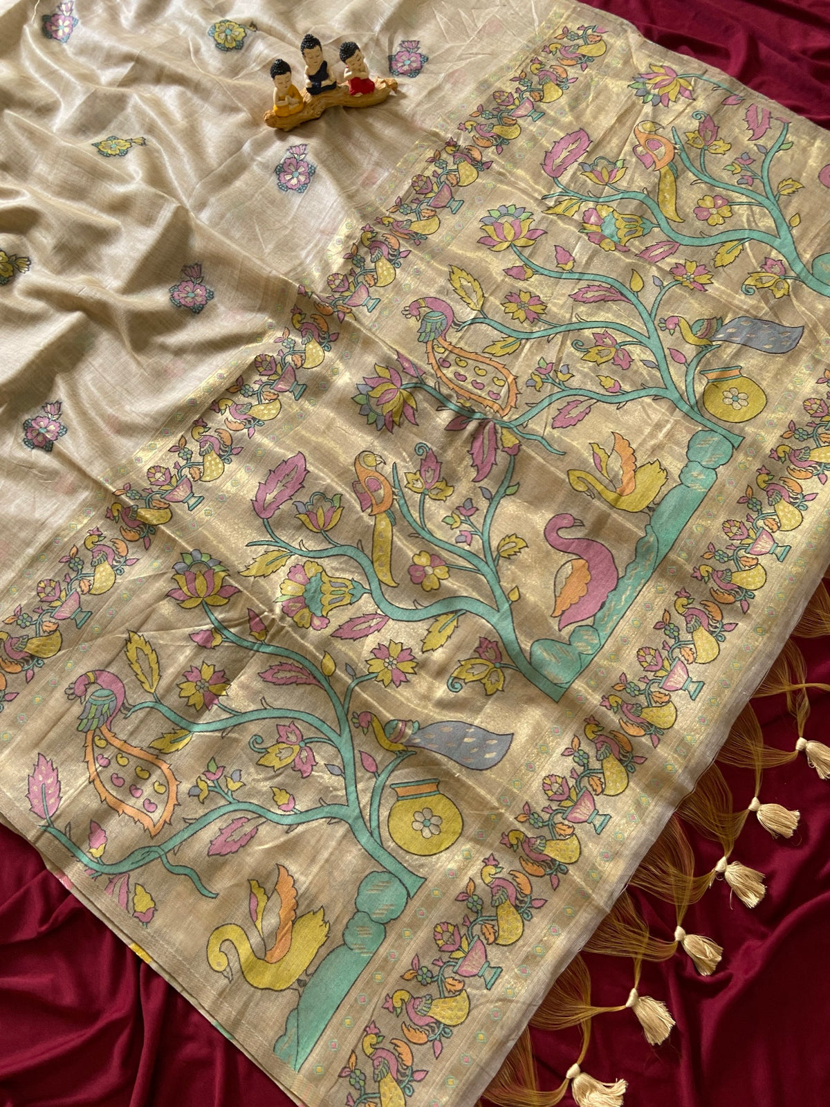 Beige Muga Cotton Paithani Swan Pallu Saree, view 2