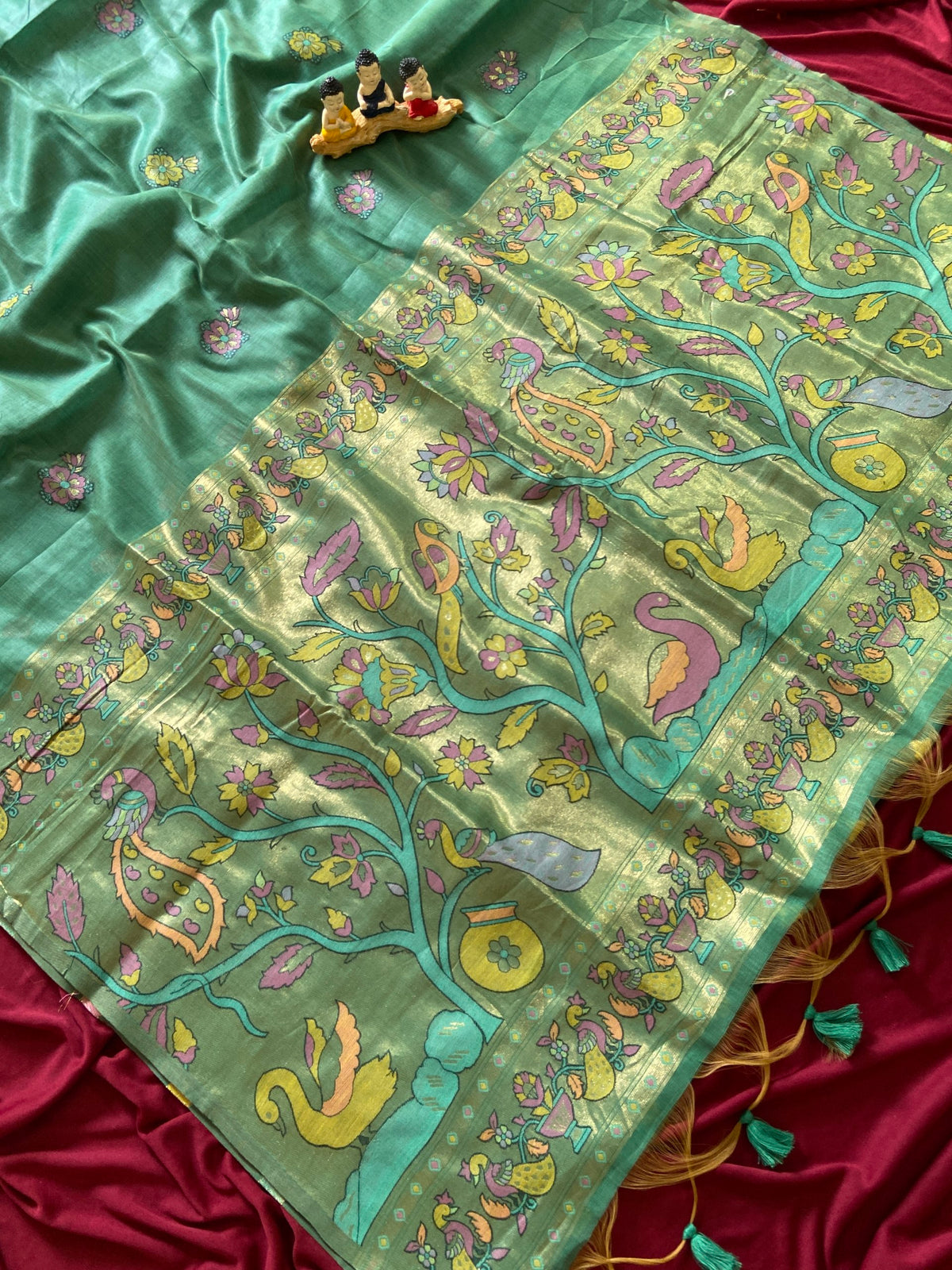 Sea Green Muga Cotton Paithani Swan Pallu Saree, view 2