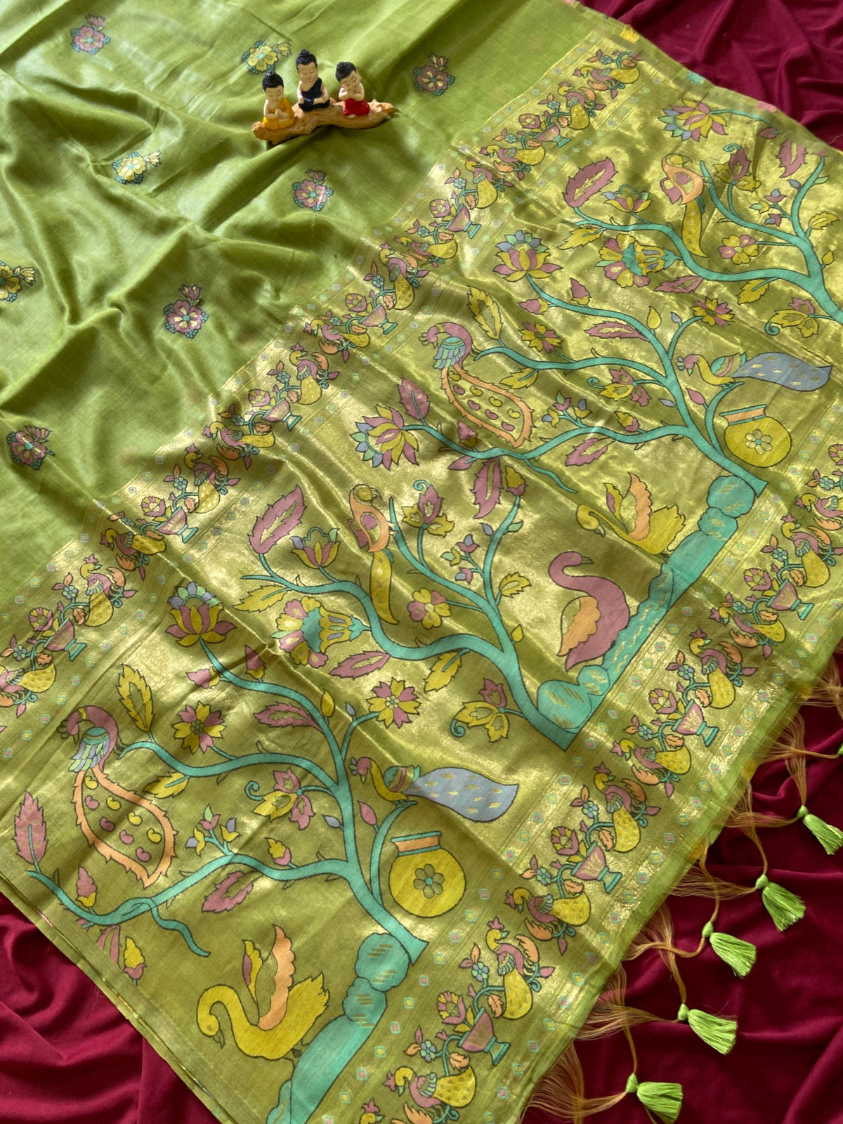 Parrot Green Muga Cotton Paithani Swan Pallu Saree, view 2
