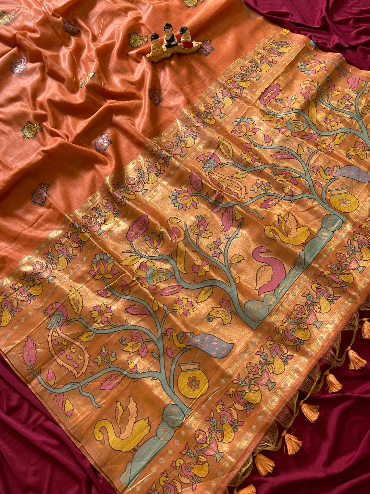 Orange Muga Cotton Paithani Swan Pallu Saree, view 2
