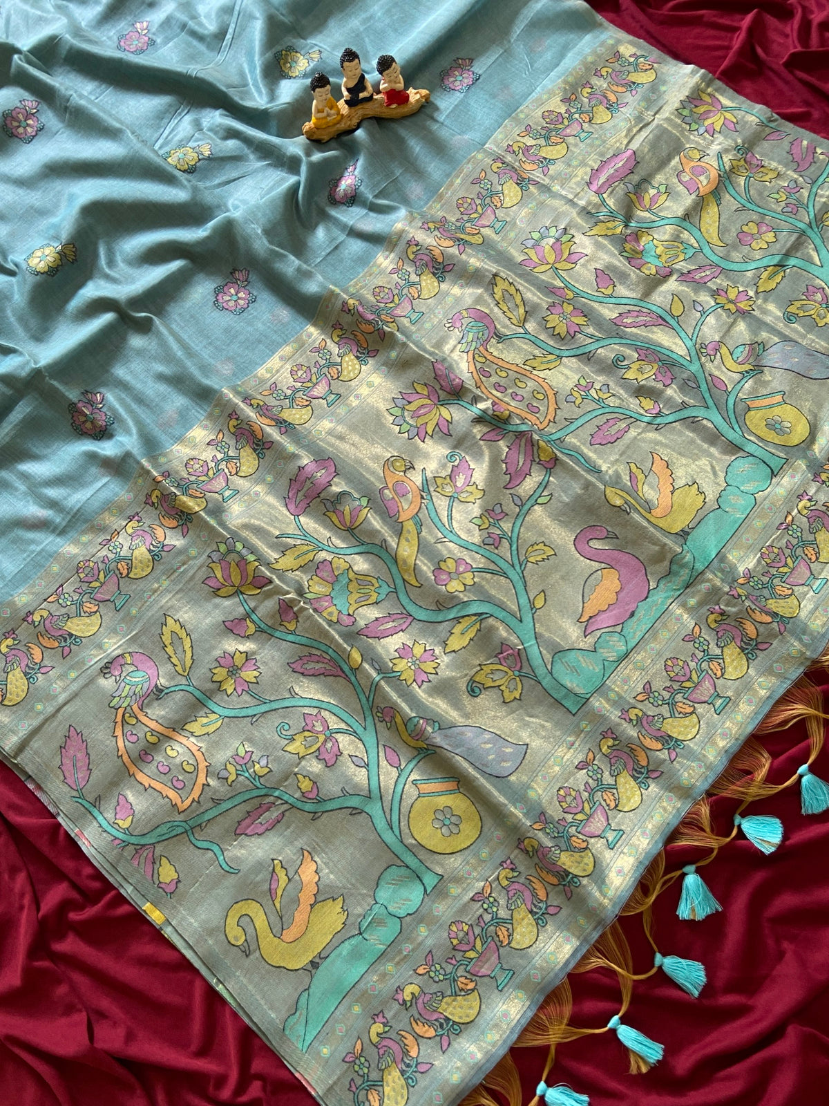 Sky Blue Muga Cotton Paithani Swan Pallu Saree, view 2