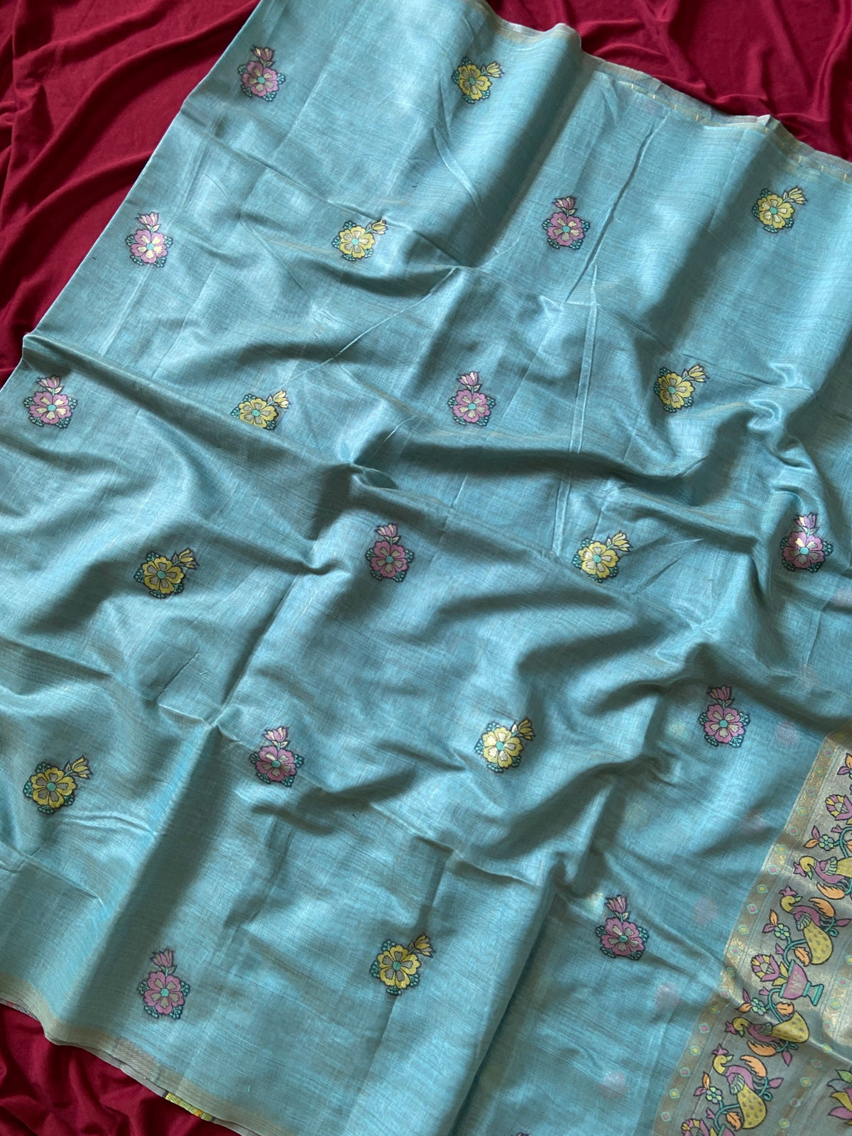 Sky Blue Muga Cotton Paithani Swan Pallu Saree, view 3