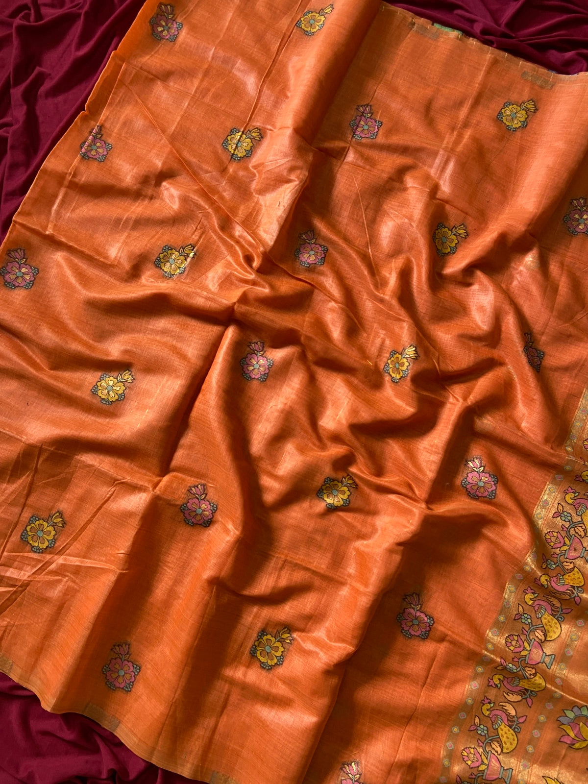 Orange Muga Cotton Paithani Swan Pallu Saree, view 3