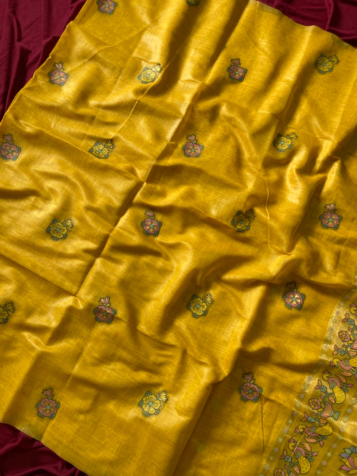 Mustard Muga Cotton Paithani Swan Pallu Saree, view 2