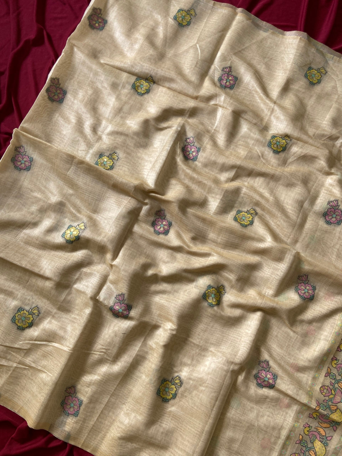 Beige Muga Cotton Paithani Swan Pallu Saree, view 3