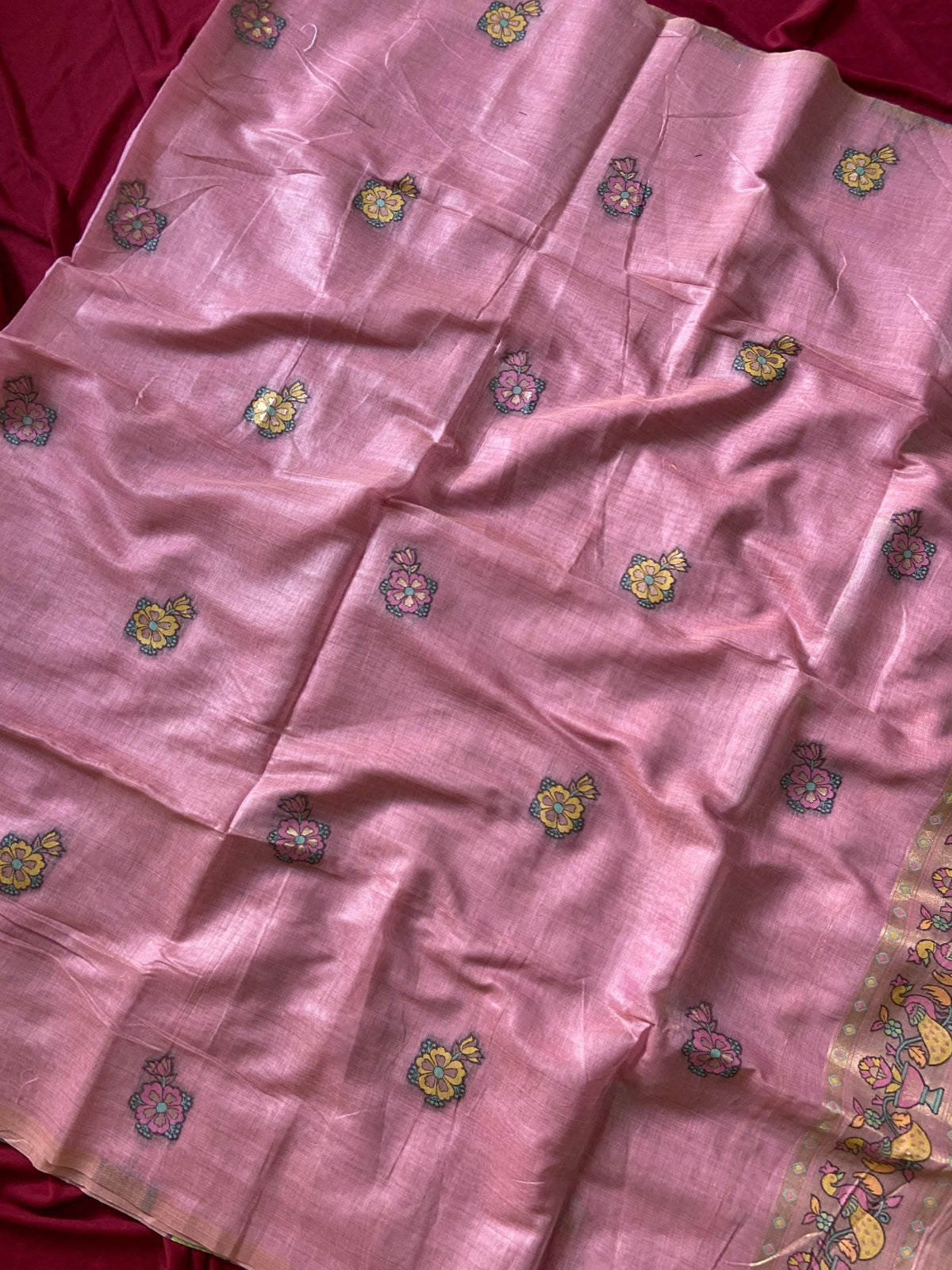 Baby Pink Muga Cotton Paithani Swan Pallu Saree, view 3