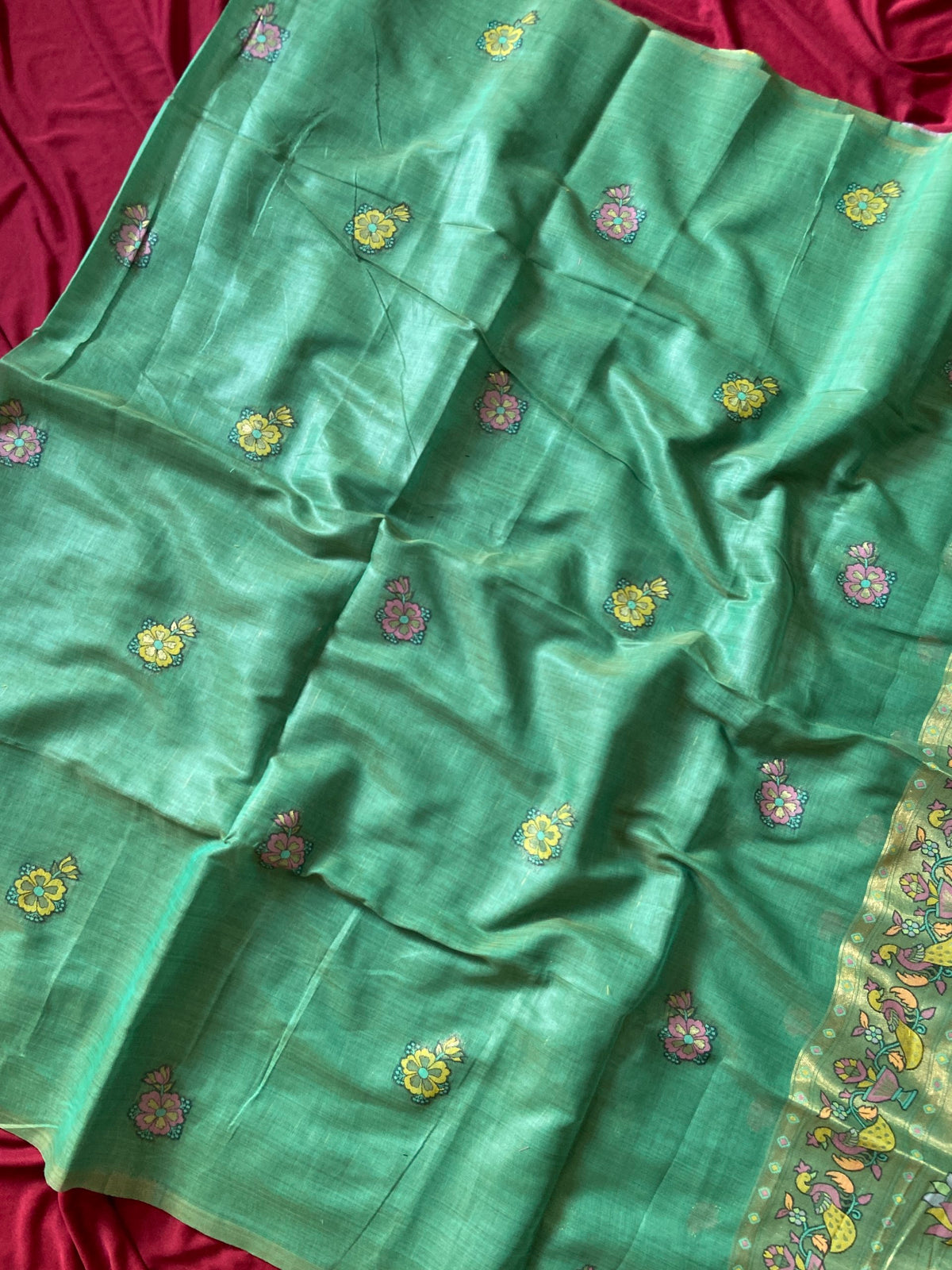 Sea Green Muga Cotton Paithani Swan Pallu Saree, view 3