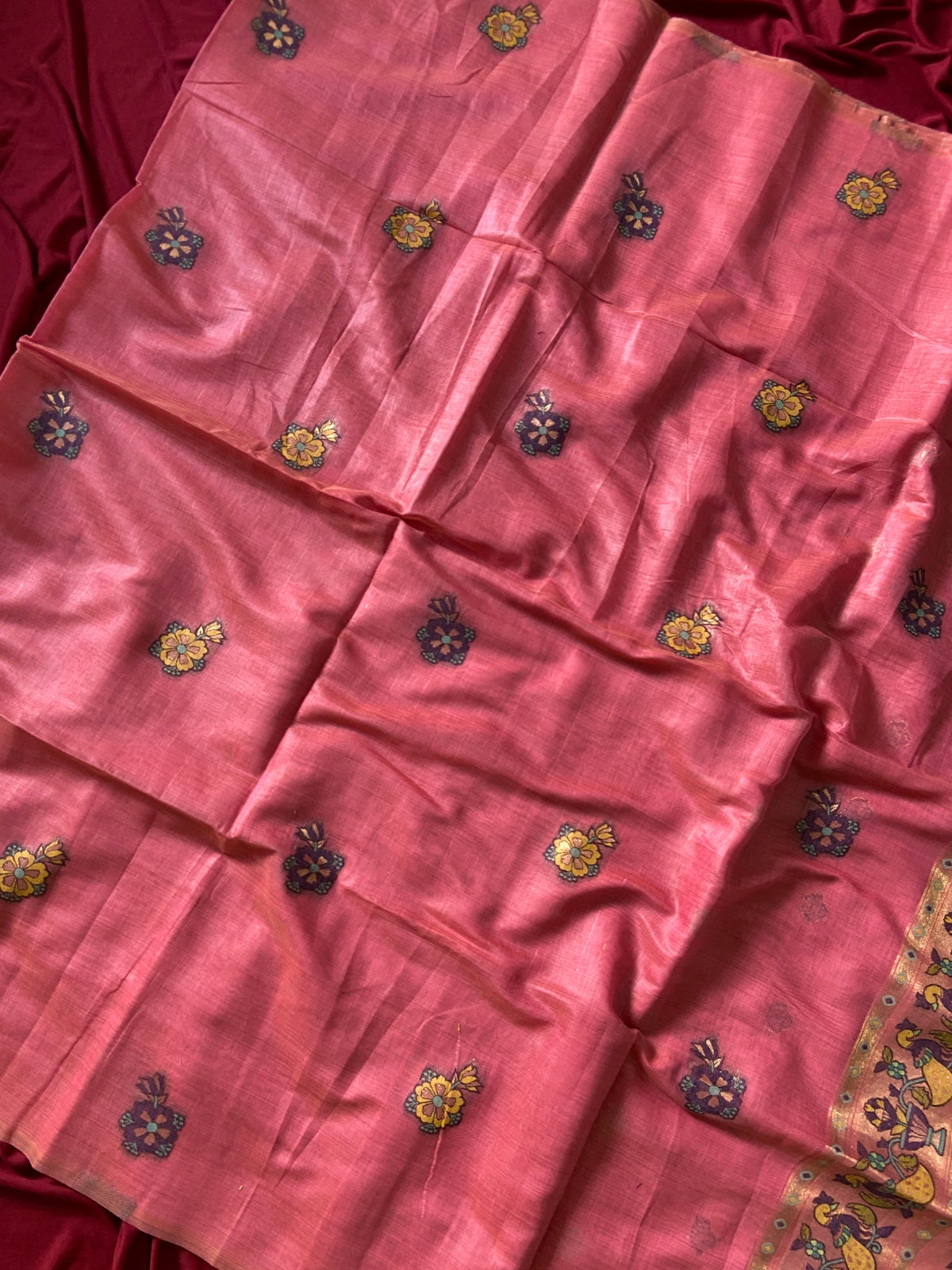 Rose Pink Muga Cotton Paithani Swan Pallu Saree, view 4