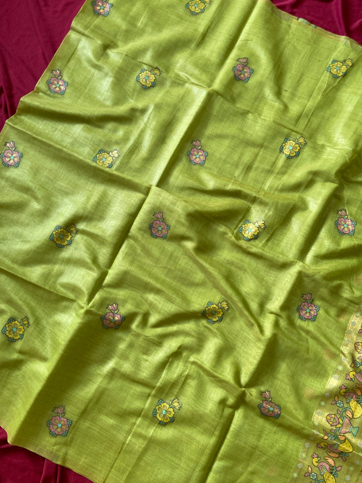 Parrot Green Muga Cotton Paithani Swan Pallu Saree, view 3