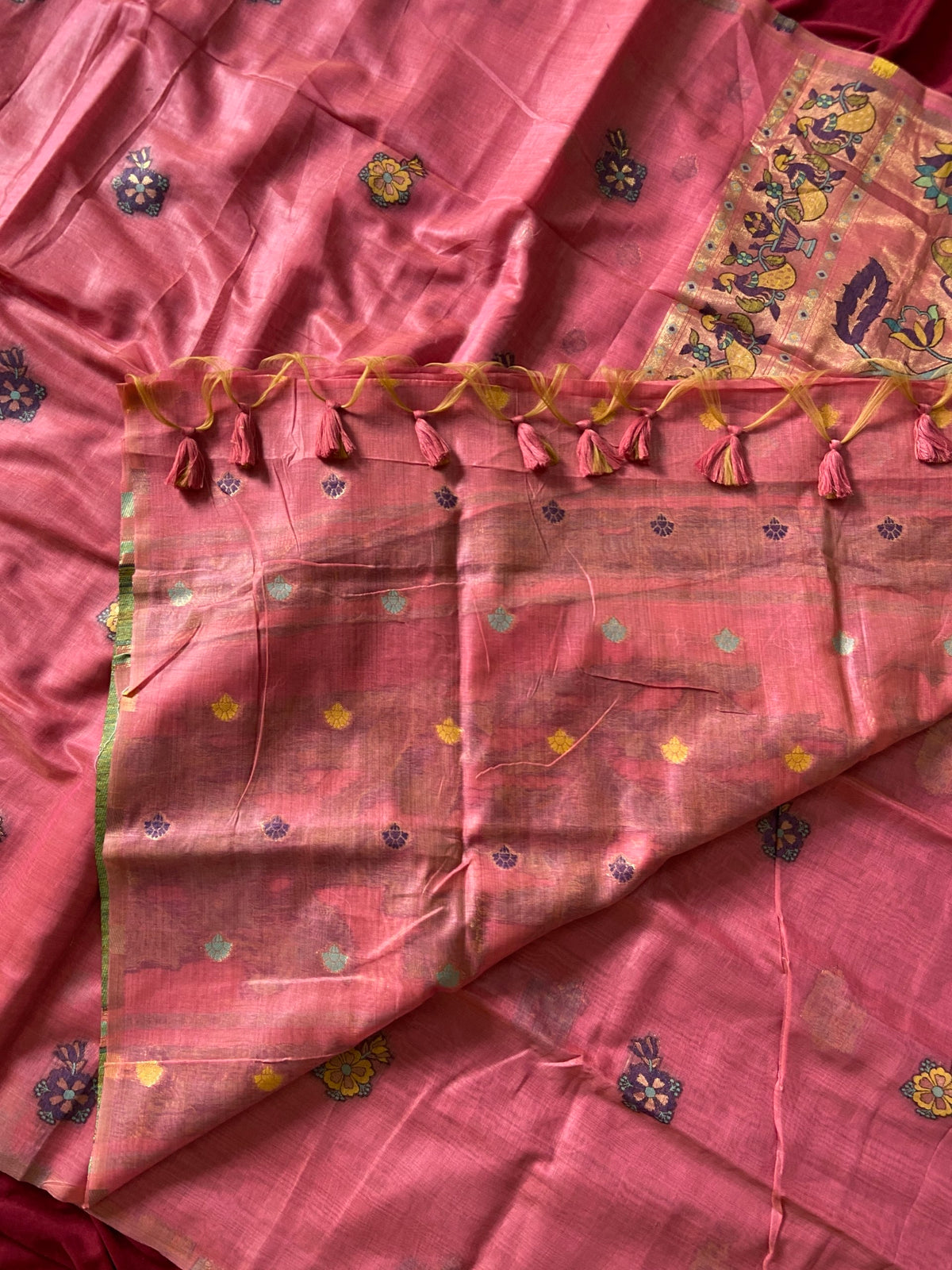 Rose Pink Muga Cotton Paithani Swan Pallu Saree, view 5